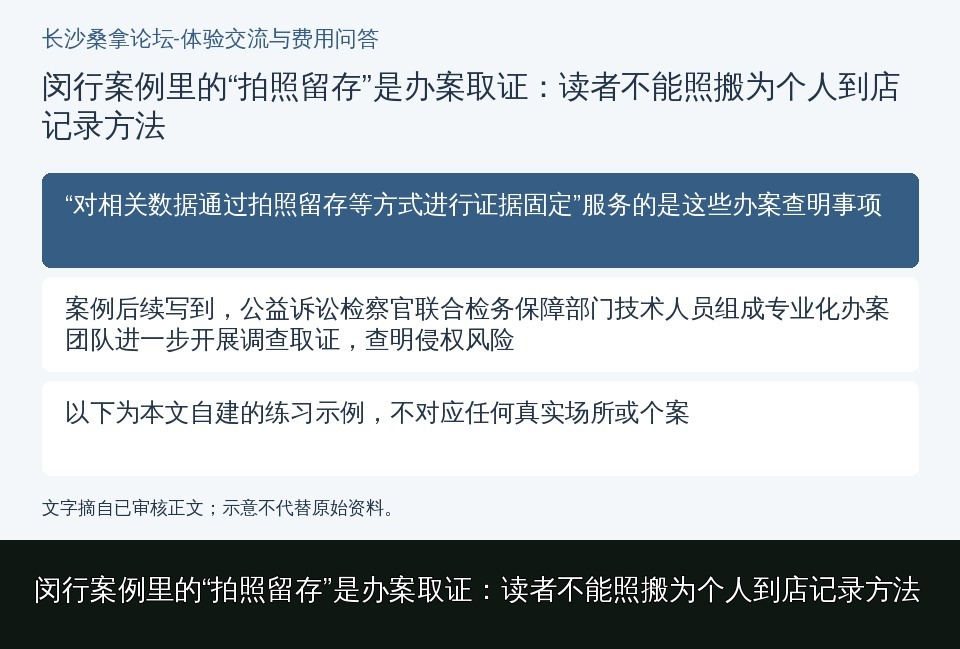 闵行案例里的“拍照留存”是办案取证：读者不能照搬为个人到店记录方法的知识要点示意图